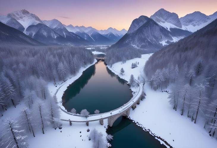 Winters evening light over Sylvensteinsee, FallerKlamm bridge, and Karwendel mountains, Bavaria