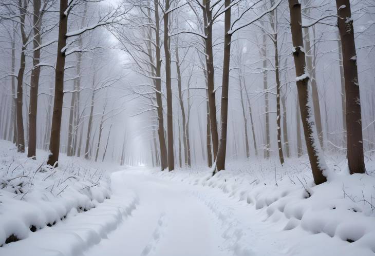 Winters Serene Snow Covered Forest Path with Soft Snowflakes and a Peaceful, Tranquil Setting