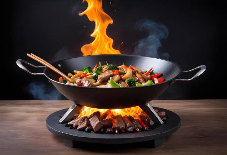 Wok Cooking Flames with Asian Meat and Veggies