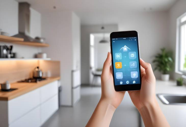 Woman Holding Smartphone with Smart Home App in Blurry Kitchen, IoT Technology Concept