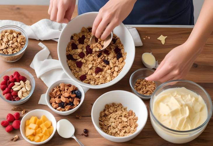 Woman Preparing Homemade Granola in a Bowl  A Simple and Healthy Recipe