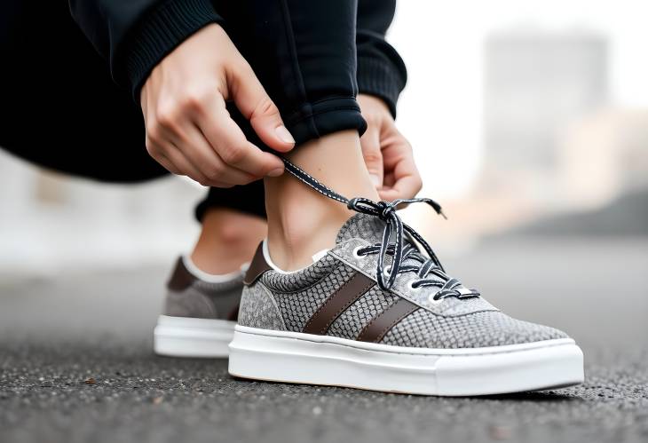 Woman tying shoelaces on fashionable sneakers, closeup view for stylish and trendsetting looks