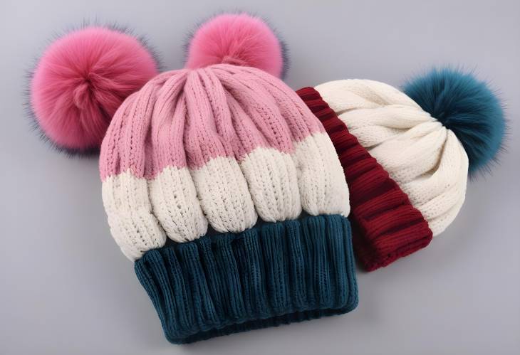 Womens Winter Beanie Hat, Oversize Chunky Cable Knit with Acrylic Yarn Pompom and Colorblock Desig