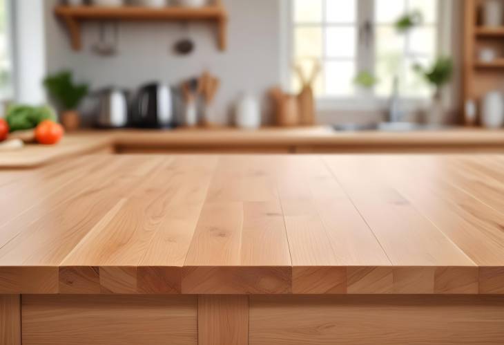 Wood Table Surface with Blurred Kitchen Counter for Product and Design Presentation