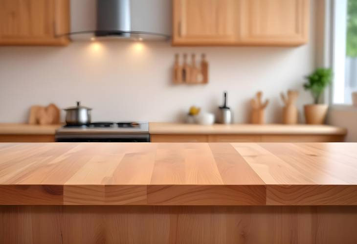 Wood Table Top for Product Display on Blurred Kitchen Counter Background