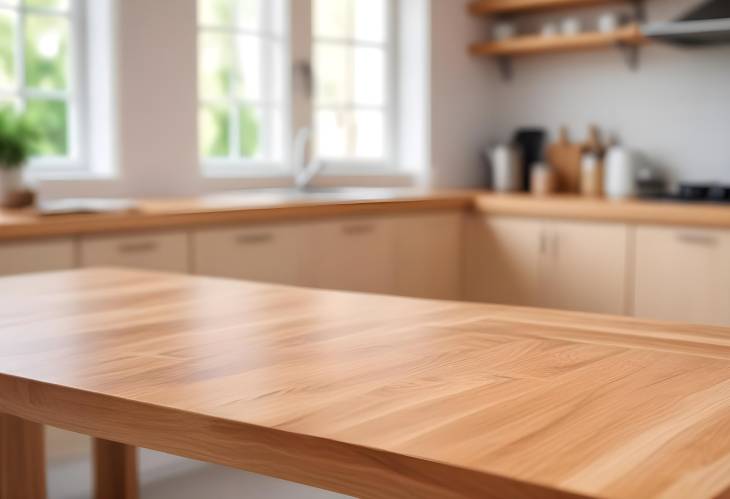 Wood Table Top on Blurred Kitchen Counter for Product Display and Design Layout