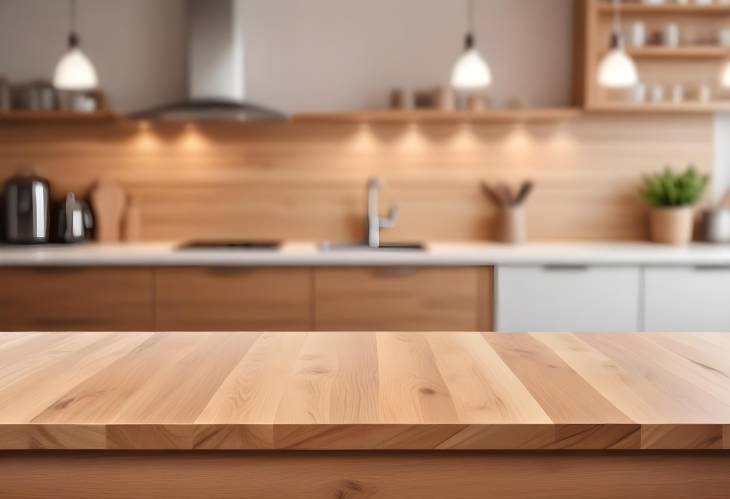 Wood table top with blur bokeh modern kitchen background, perfect for product showcase montage