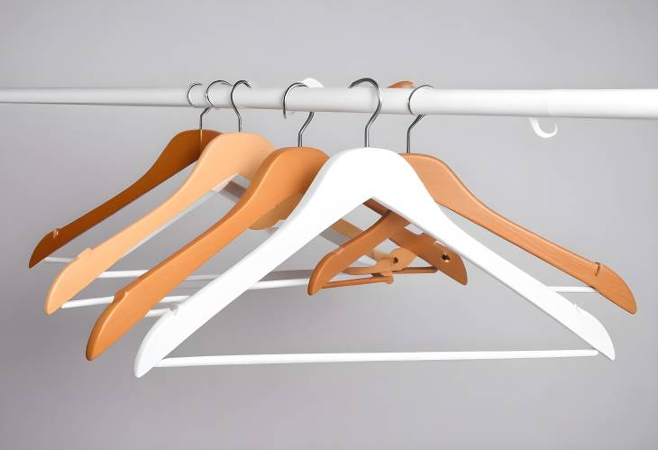 Wooden and Plastic Hangers with Hooks for Clothes, White Background Isolation