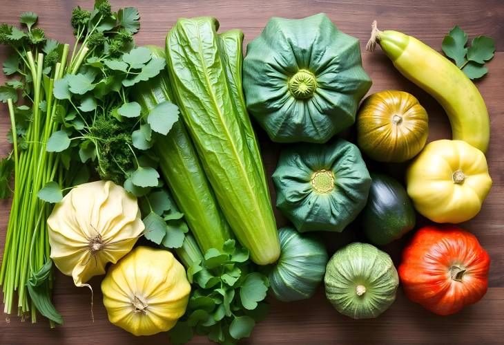 Wooden Background with Assorted Green Vegetables and Fruits A Fresh Display