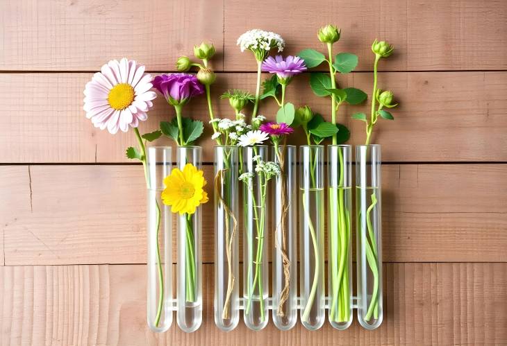 Wooden Background with Plants and Flowers in Test Tubes Research Concept in Biological Science