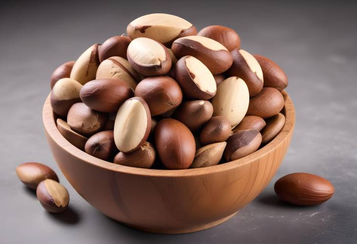 Wooden Bowl with Brazil Nuts Isolated on White Fresh Nutty Snack Side View