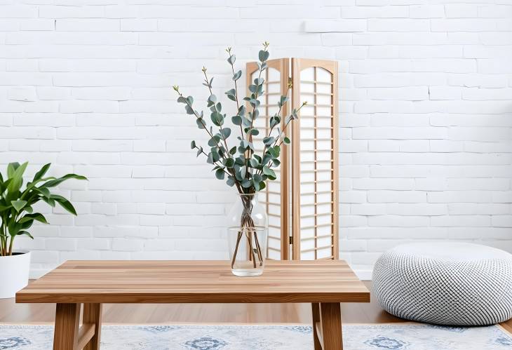 Wooden coffee table with eucalyptus branches, pouf, and folding screen by white brick wall