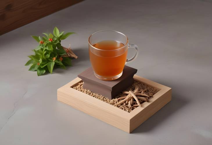 Wooden Podium Displaying Tonic Tea with Fresh and Dried Red Ginseng on Cement Floor  Herbal Tea