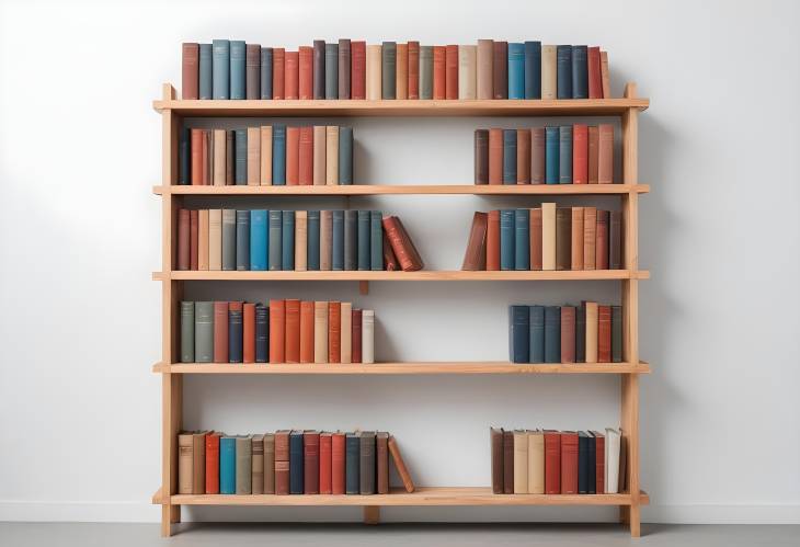 Wooden Shelf Filled with Hardcover Books Against White Wall Neat and Elegant Arrangement