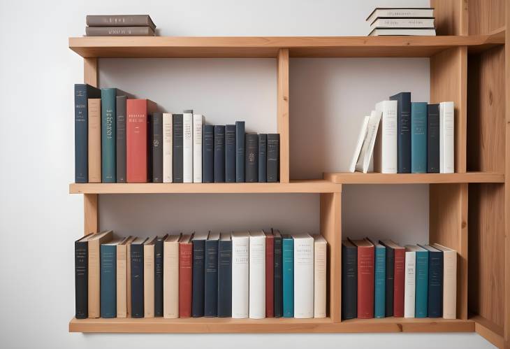 Wooden Shelf Filled with Hardcover Books on White Wall Neat and Organized Display