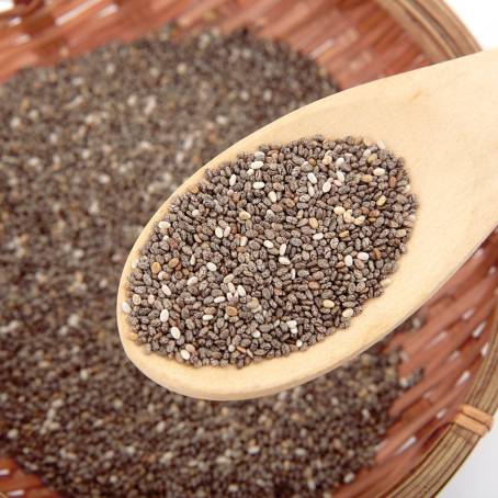 Wooden Spoon with Chia Seeds and Nutritional Benefits on a Marble Countertop