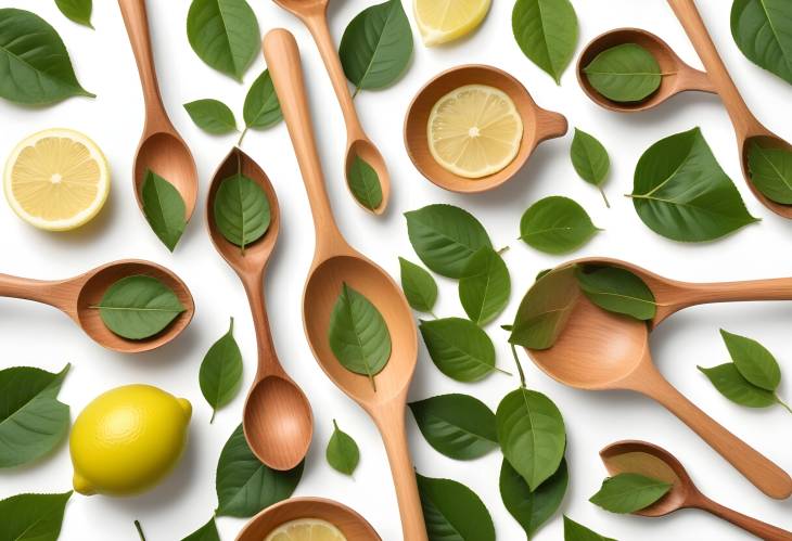 Wooden Spoons with Green Tea and Lemon Leaf  Isolated Against White Background