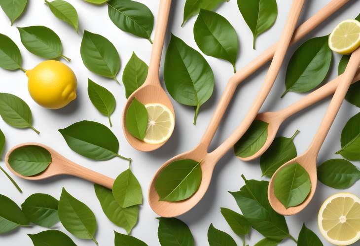 Wooden Spoons with Green Tea Leaves and Lemon Leaf  Elegant White Background Composition