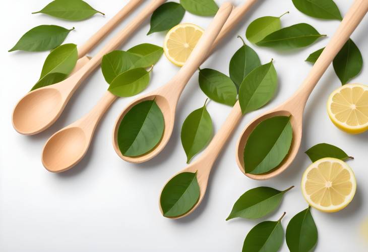 Wooden Spoons with Herbal Tea Leaves and Fresh Lemon Leaf  Isolated on White