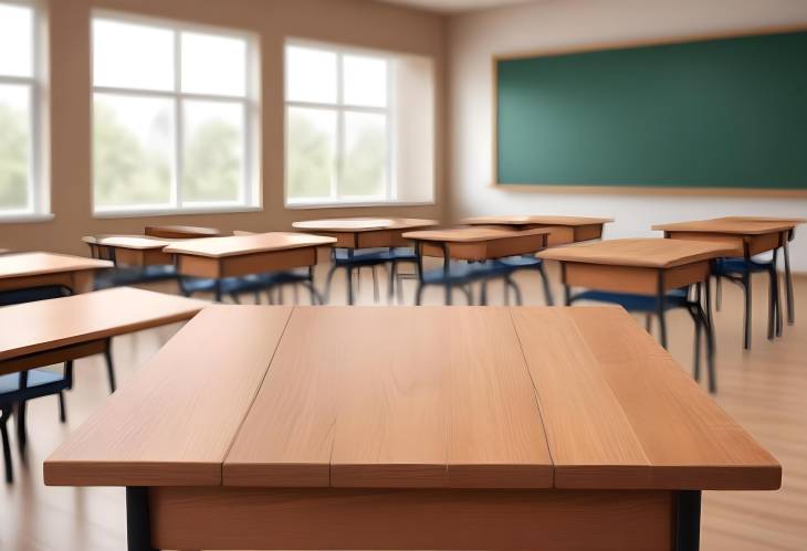 Wooden Surface with Blurred Classroom Backdrop Perfect for Mockups, Product Presentation