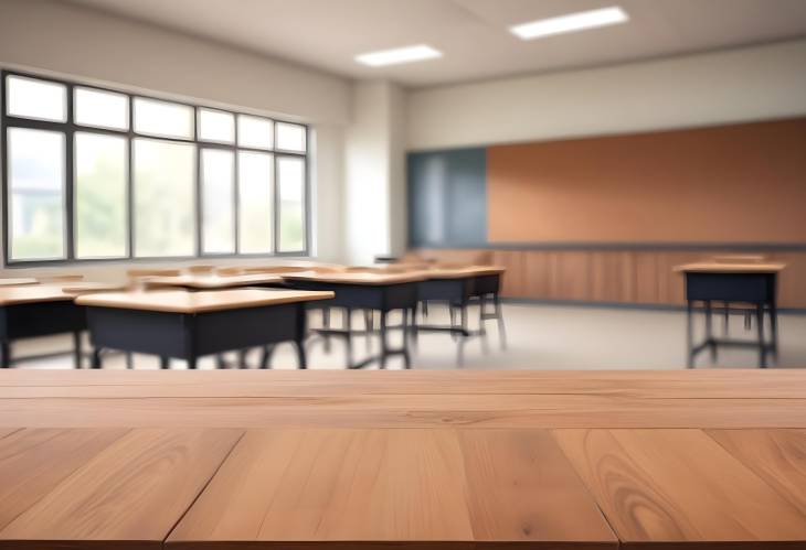 Wooden Surface with Blurred Classroom Background Ideal for Displaying Products, Advertising Mockups