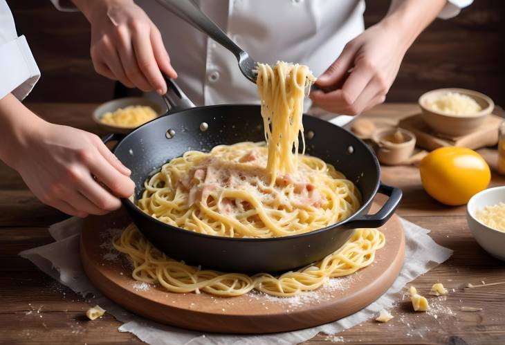 Wooden Table Chef Adding Parmesan to Pasta Carbonara