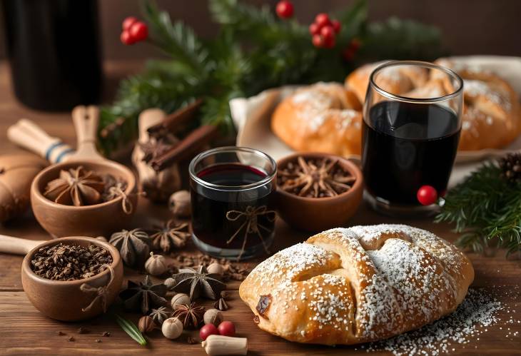 Wooden Table Display of Spices for Mulled Wine and Pastry Baking