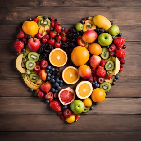 Wooden Table Fruit Heart Healthy Eating Concept with Colorful Fruits in Heart Shape