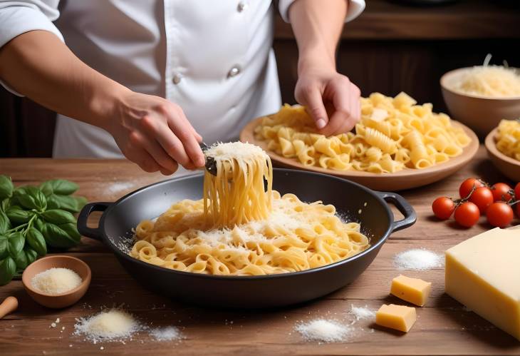 Wooden Table Pasta Prep Chef Adding Parmesan Cheese