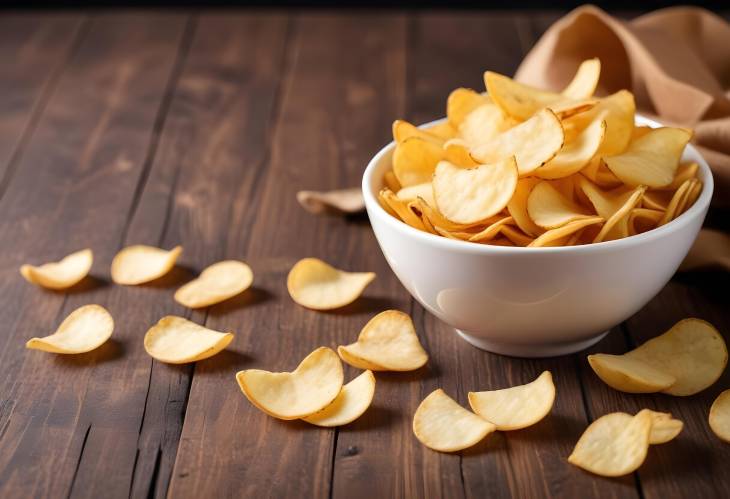 Wooden Table Snack Crispy Potato Chips in White Bowl for Beer Lovers