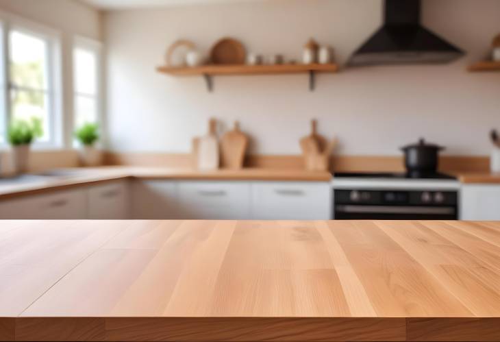 Wooden table top in bright kitchen with blurred bokeh effect, ideal for product display and montage