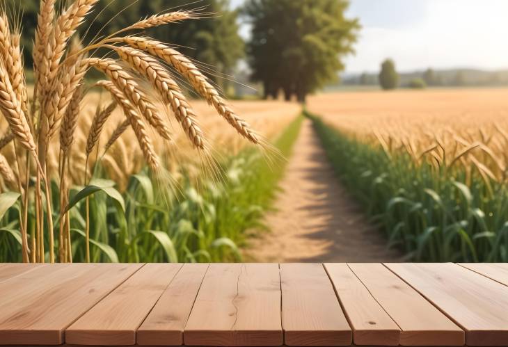 Wooden table top with wheat field background, perfect for nature inspired product display setup