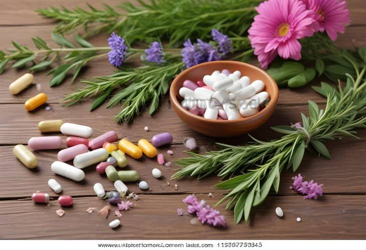 Wooden Table with Closeup of Various Pills, Herbs, and Flowers, Dietary Supplements and Natural tips