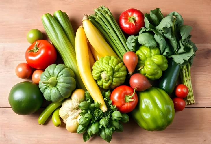 Wooden Table with Fresh Green Vegetables and Fruits A Healthy Display