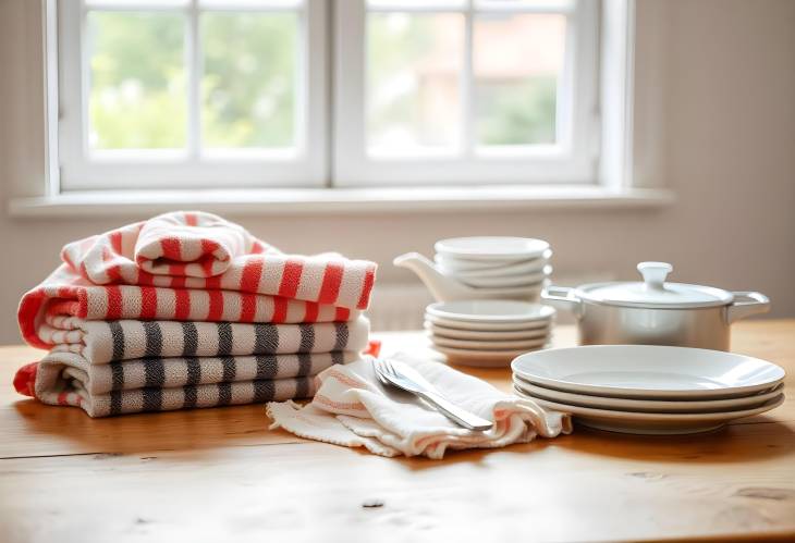 Wooden Table with Kitchen Towels and Dishes Classic Window Background Scene