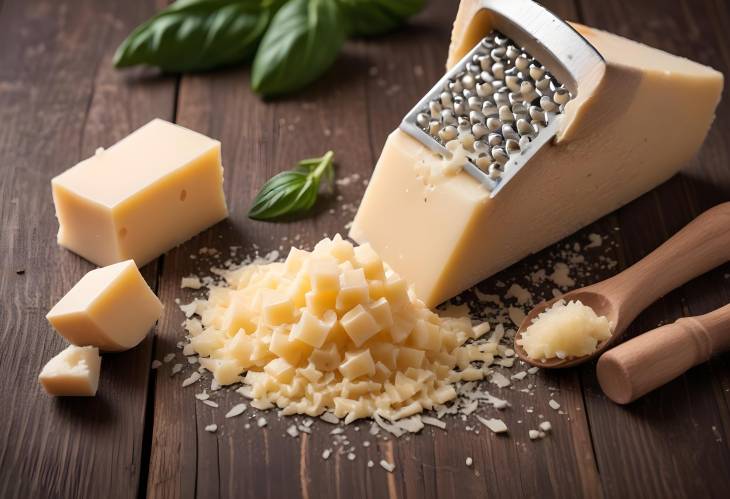 Wooden Table with Parmesan and Grater Perfect for Italian Recipes