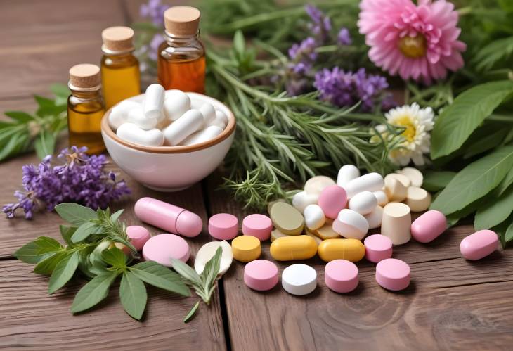 Wooden Table with Pills, Herbs, and Flowers Closeup, Dietary Supplements and Natural Health Solution