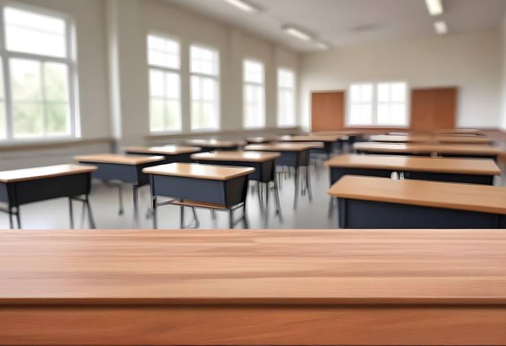 Wooden Tabletop with Blurred Classroom Setting Perfect for Advertising and Product Display Mockups