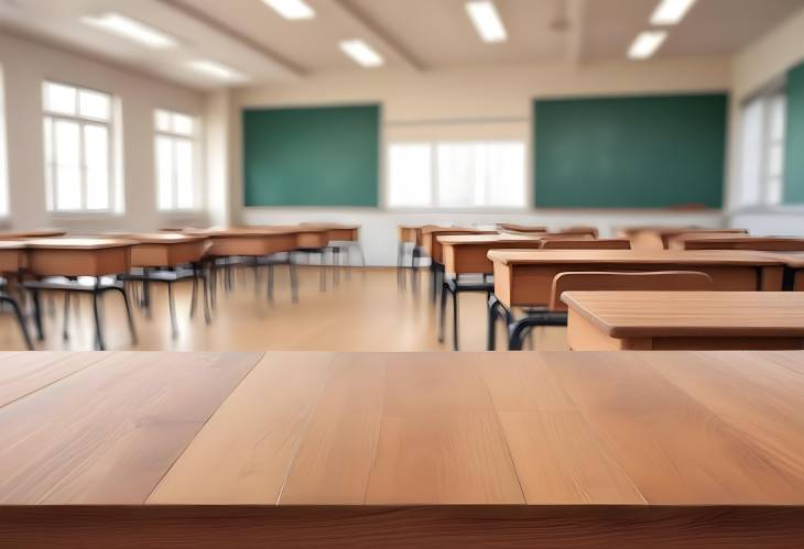 Wooden Top with Blurred Classroom Backdrop Perfect for Product Mockups, Advertising, and Displaying