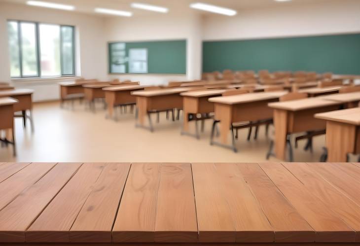 Wooden Top with Blurred Classroom Background Ideal for Product Mockups and Marketing Displays