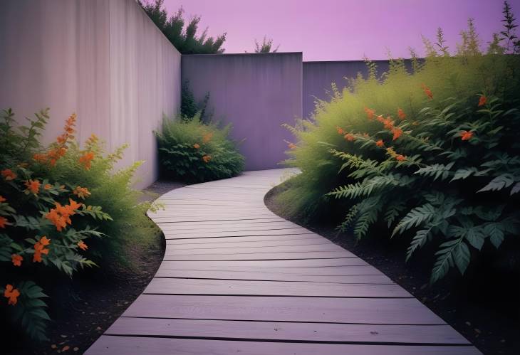 Wooden Walkway with Ornamental Shrubs and Raw Concrete Wall Design