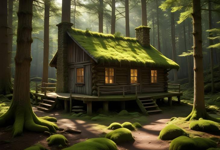 Woodland Cabin Escape Secluded Rustic Retreat Surrounded by Moss, Trees, and Sunlight