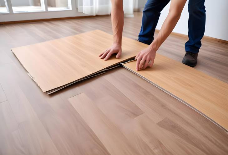 Worker in Action Installing Laminate Floor Home Renovation and Flooring Installation