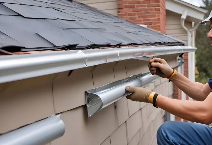 Worker Installing Roof Gutters Aluminum Rain Gutters and Down Spout on Residential Home