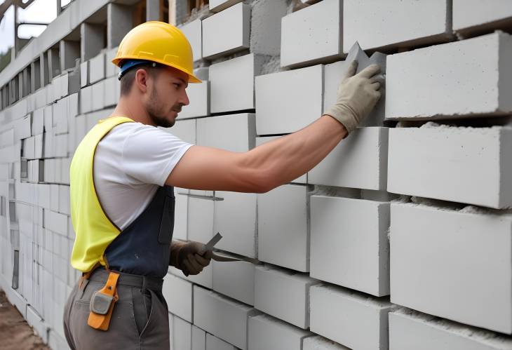 Worker with Trowel Laying Aerated Concrete Blocks for Wall Construction at Building Site