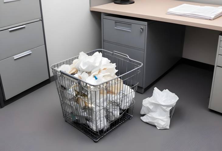 Workplace Chaos Garbage Scattered by Metal Wastebasket