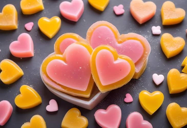 Yellow and Pink Heart Shaped Marmalade Candy Covered in Sugar