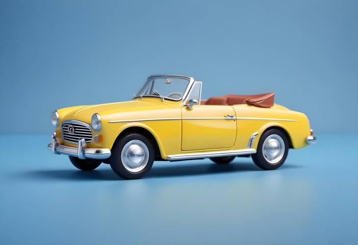 Yellow Retro Cabriolet Toy Car Model on Blue Background, Miniature Side View