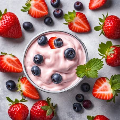 Yogurt with Strawberries and Berries Top View of Fresh Healthy Food and Fruit Mix in Yogurt Bowl