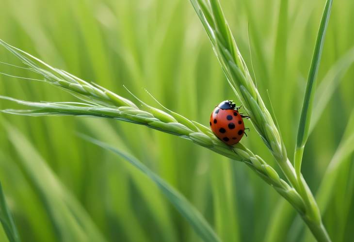 Young Green Wheat Ears with Ladybug, Spring Field Macro